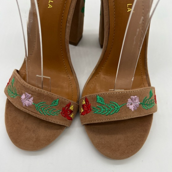 Shoe Republic LA Heeled Sandals Sz 8 Tan Floral Embroidered Ankle Strap - Picture 12 of 16